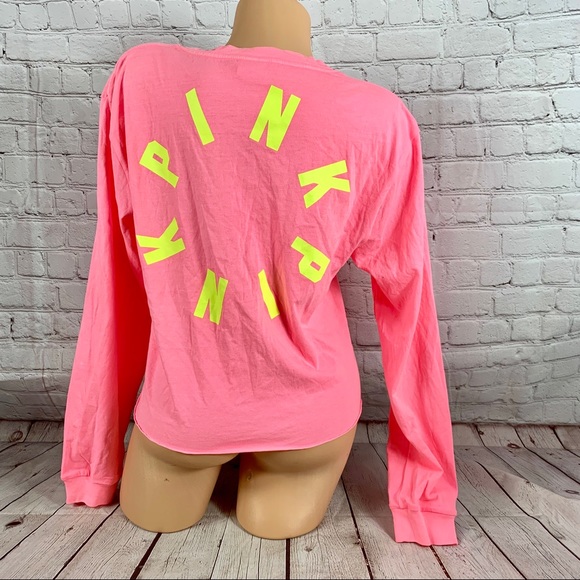 VS PINK Neon Logo Print Long Sleeve Crop Top Pink - Picture 6 of 7